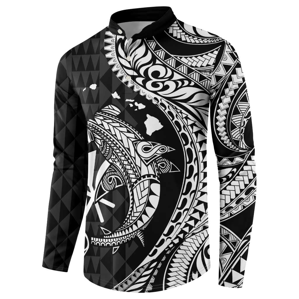 Aloha Hawaii Hammerhead Shark Button Sweatshirt Black Kakau and Polynesian Tattoo LT03 - Polynesian Pride