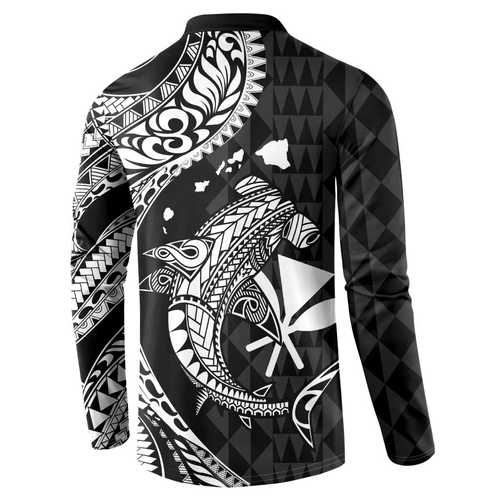 Aloha Hawaii Hammerhead Shark Button Sweatshirt Black Kakau and Polynesian Tattoo LT03 - Polynesian Pride