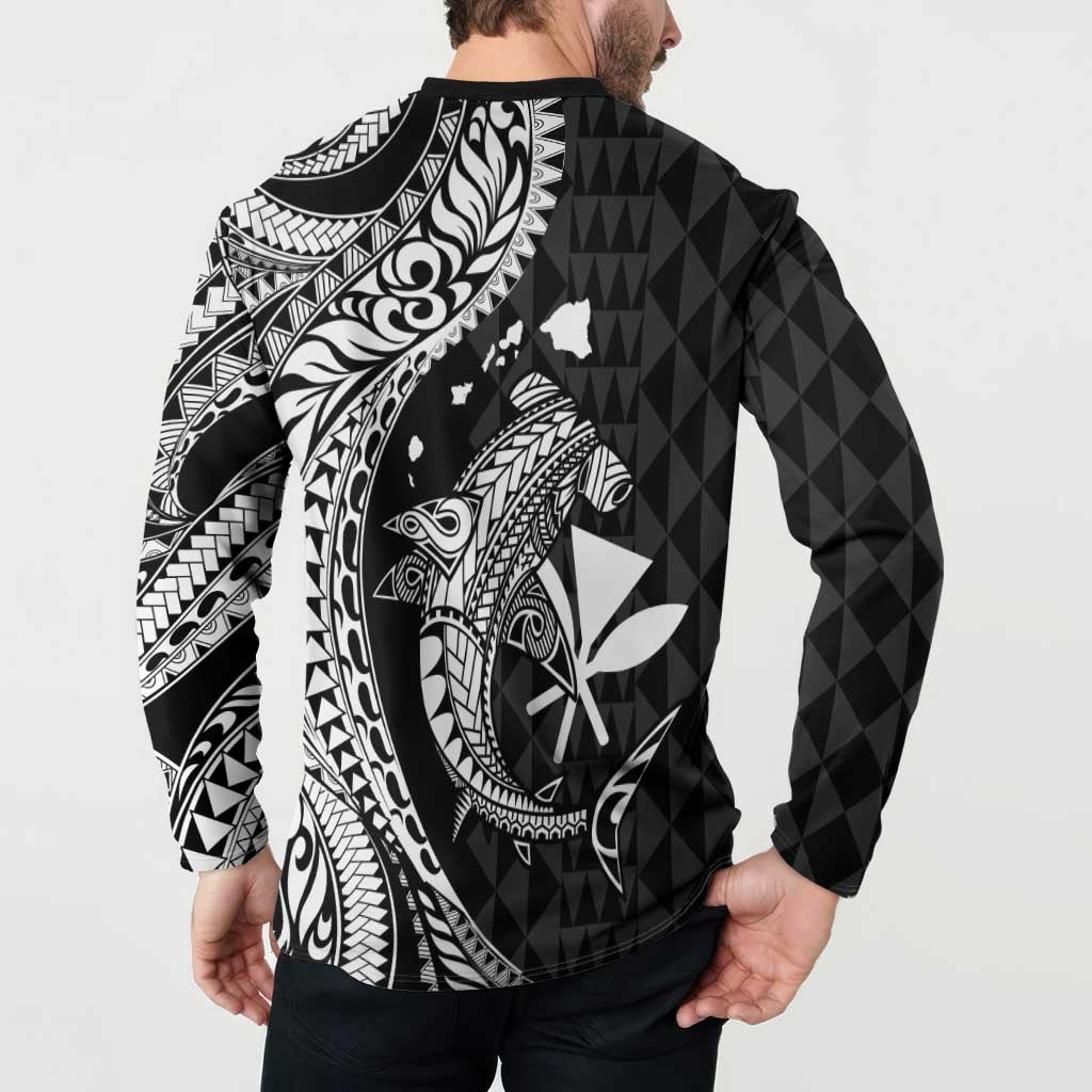 Aloha Hawaii Hammerhead Shark Button Sweatshirt Black Kakau and Polynesian Tattoo LT03 - Polynesian Pride
