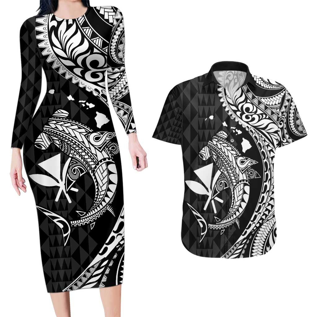 Aloha Hawaii Hammerhead Shark Couples Matching Long Sleeve Bodycon Dress and Hawaiian Shirt Black Kakau and Polynesian Tattoo LT03 Black - Polynesian Pride