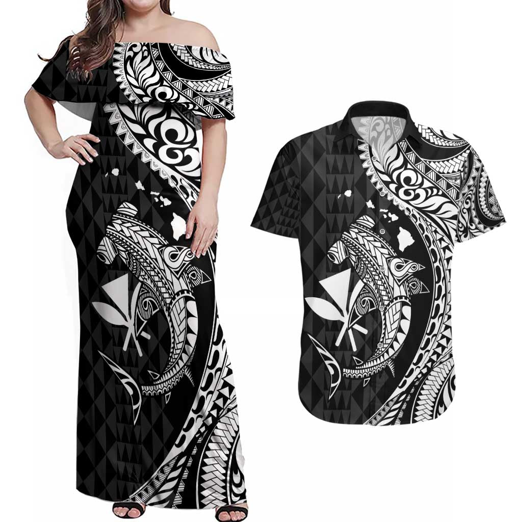 Aloha Hawaii Hammerhead Shark Couples Matching Off Shoulder Maxi Dress and Hawaiian Shirt Black Kakau and Polynesian Tattoo LT03