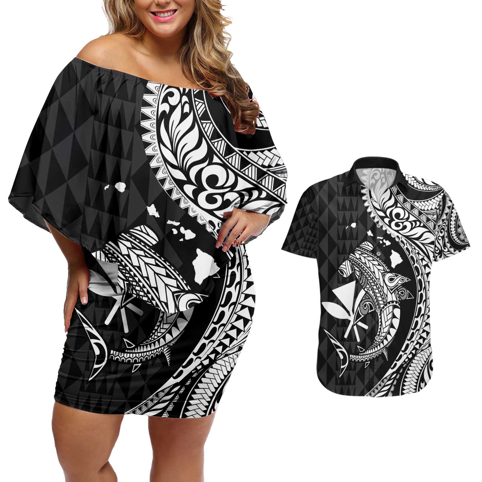 Aloha Hawaii Hammerhead Shark Couples Matching Off Shoulder Short Dress and Hawaiian Shirt Black Kakau and Polynesian Tattoo LT03 Black - Polynesian Pride