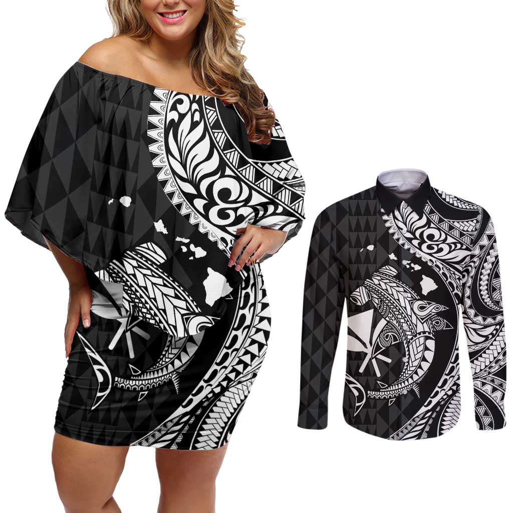 Aloha Hawaii Hammerhead Shark Couples Matching Off Shoulder Short Dress and Long Sleeve Button Shirt Black Kakau and Polynesian Tattoo LT03 Black - Polynesian Pride