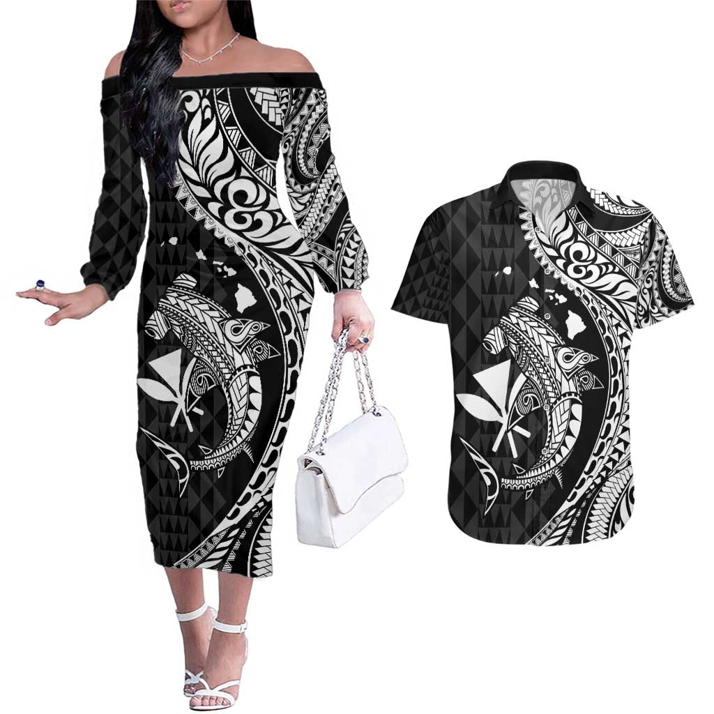Aloha Hawaii Hammerhead Shark Couples Matching Off The Shoulder Long Sleeve Dress and Hawaiian Shirt Black Kakau and Polynesian Tattoo LT03 Black - Polynesian Pride