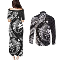 Aloha Hawaii Hammerhead Shark Couples Matching Puletasi and Long Sleeve Button Shirt Black Kakau and Polynesian Tattoo LT03 - Polynesian Pride
