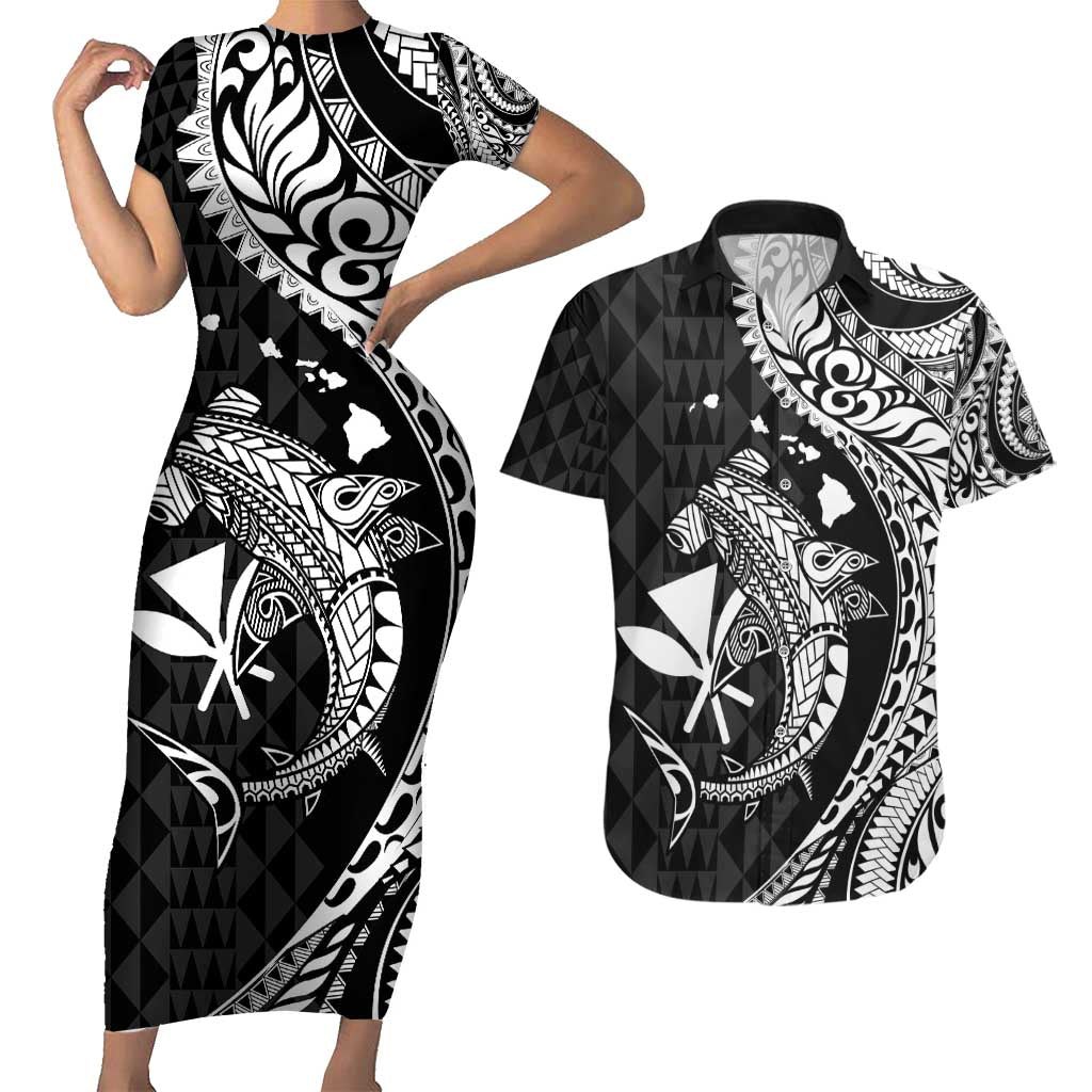 Aloha Hawaii Hammerhead Shark Couples Matching Short Sleeve Bodycon Dress and Hawaiian Shirt Black Kakau and Polynesian Tattoo LT03