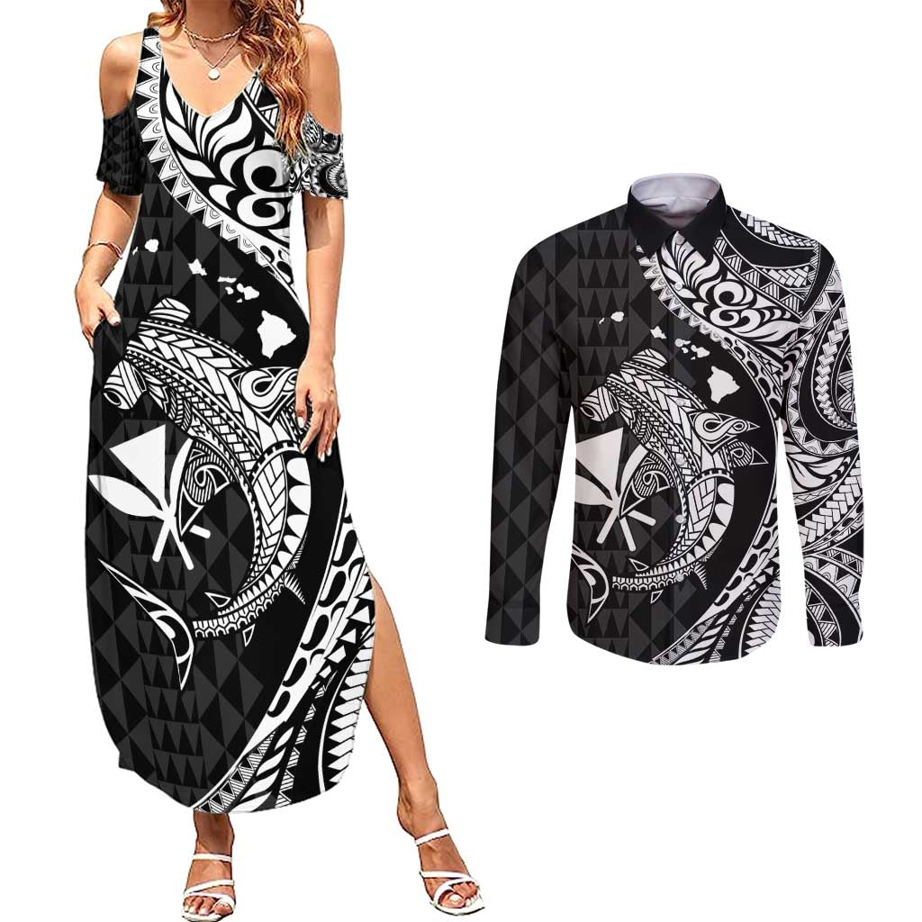 Aloha Hawaii Hammerhead Shark Couples Matching Summer Maxi Dress and Long Sleeve Button Shirt Black Kakau and Polynesian Tattoo LT03 Black - Polynesian Pride