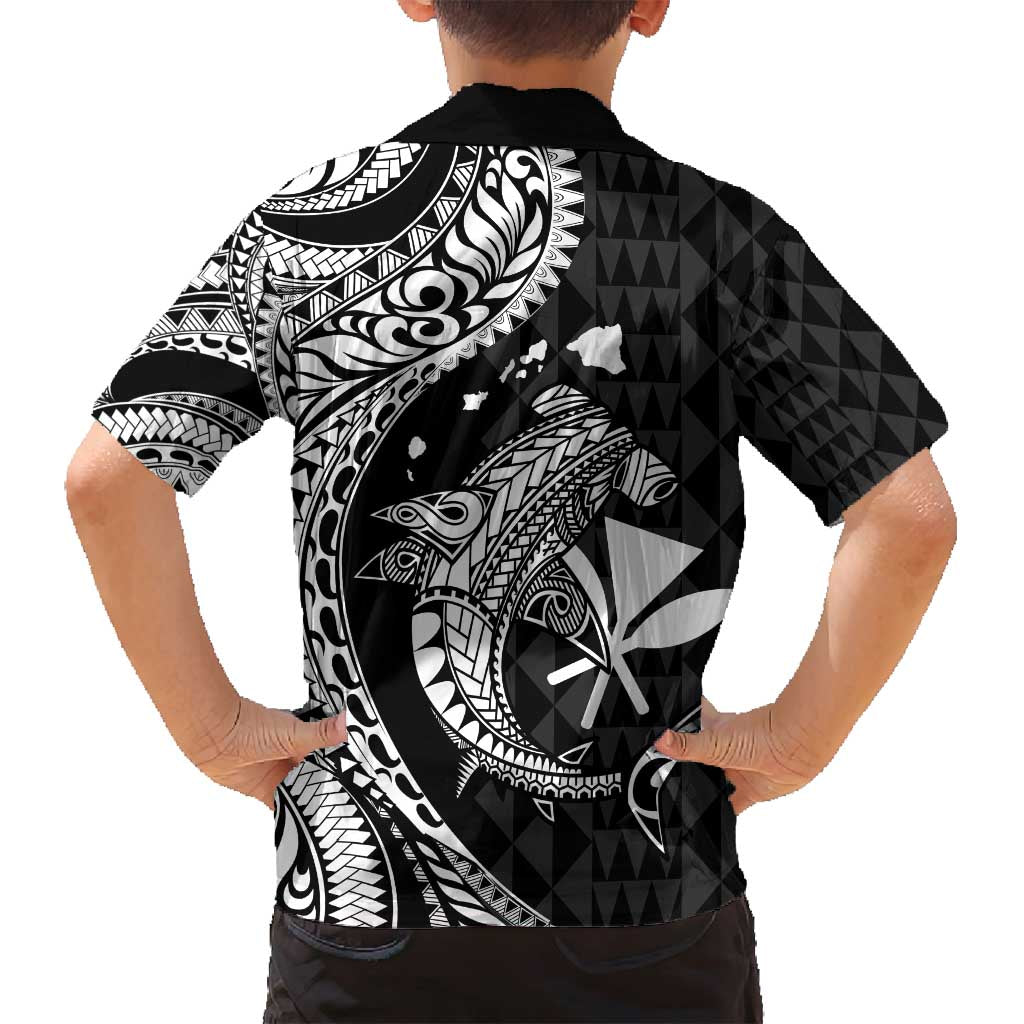 Aloha Hawaii Hammerhead Shark Family Matching Long Sleeve Bodycon Dress and Hawaiian Shirt Black Kakau and Polynesian Tattoo LT03