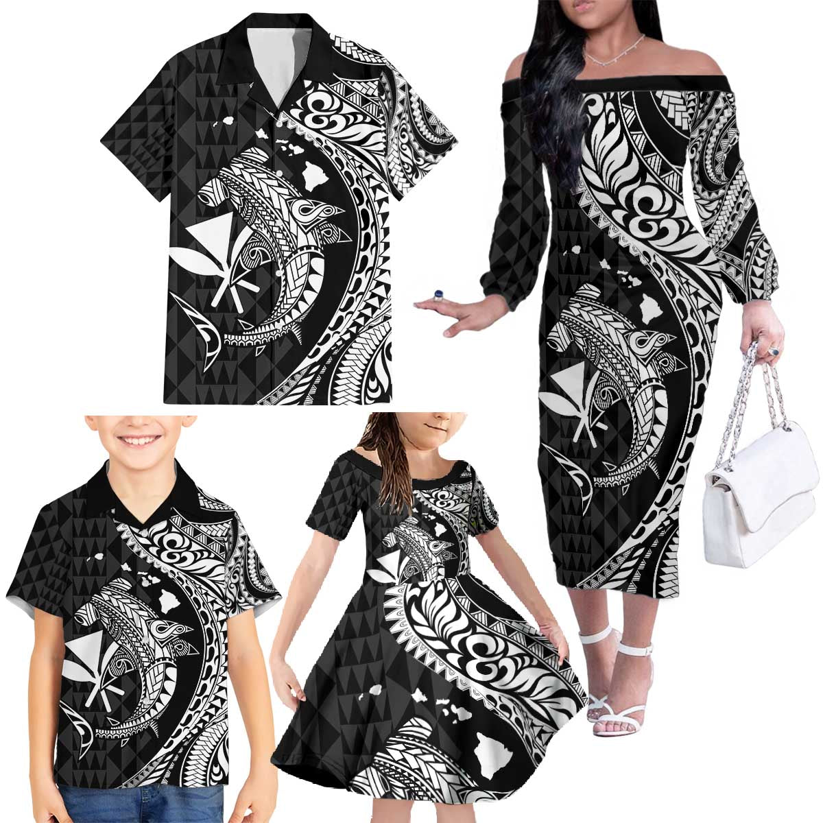 Aloha Hawaii Hammerhead Shark Family Matching Off The Shoulder Long Sleeve Dress and Hawaiian Shirt Black Kakau and Polynesian Tattoo LT03