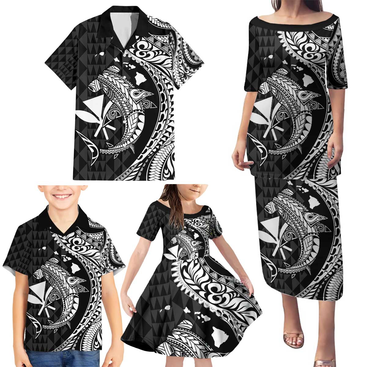 Aloha Hawaii Hammerhead Shark Family Matching Puletasi and Hawaiian Shirt Black Kakau and Polynesian Tattoo LT03 - Polynesian Pride