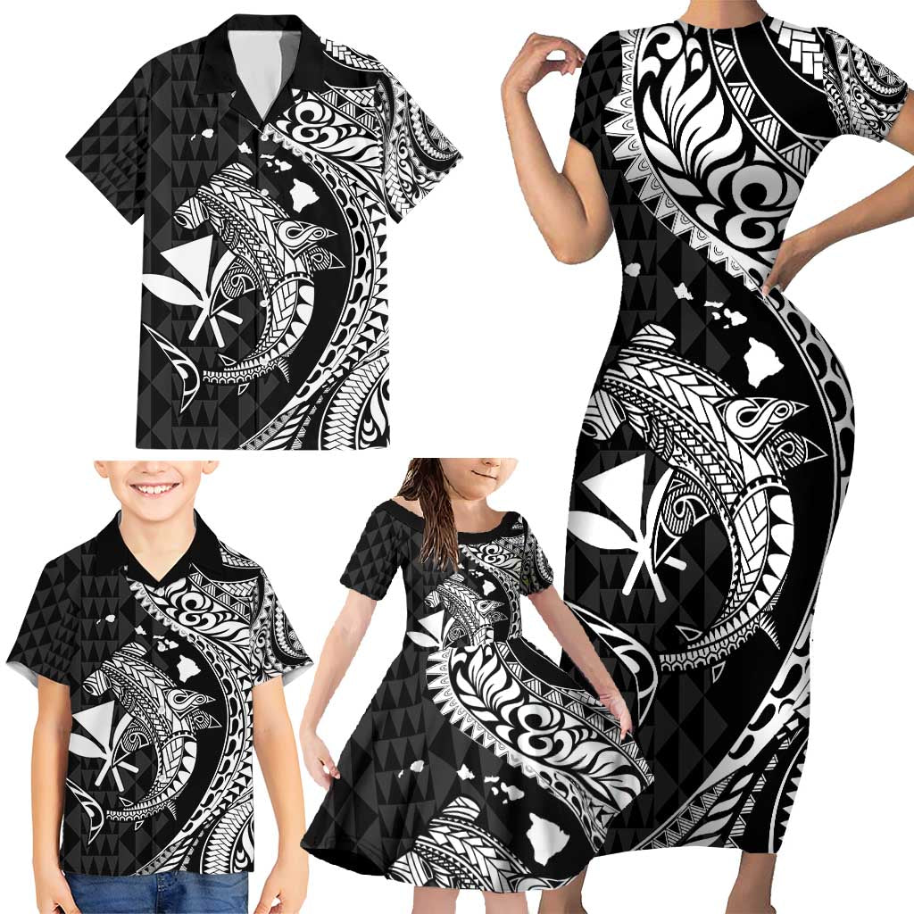 Aloha Hawaii Hammerhead Shark Family Matching Short Sleeve Bodycon Dress and Hawaiian Shirt Black Kakau and Polynesian Tattoo LT03