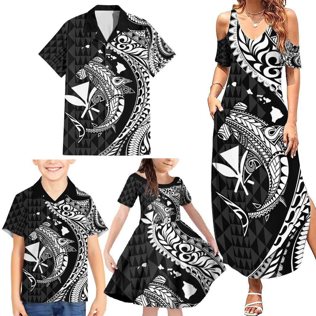 Aloha Hawaii Hammerhead Shark Family Matching Summer Maxi Dress and Hawaiian Shirt Black Kakau and Polynesian Tattoo LT03