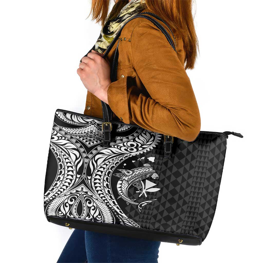 Aloha Hawaii Hammerhead Shark Leather Tote Bag Black Kakau and Polynesian Tattoo LT03 Black - Polynesian Pride
