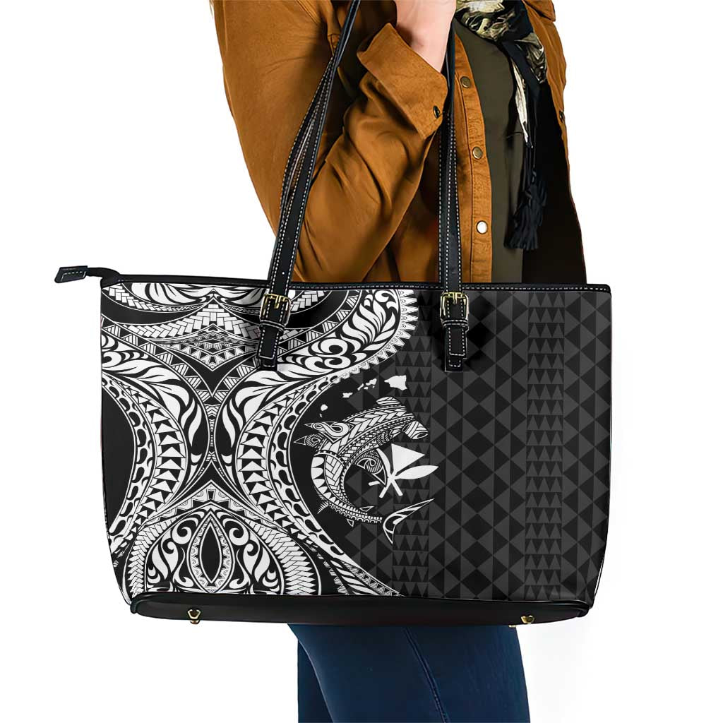 Aloha Hawaii Hammerhead Shark Leather Tote Bag Black Kakau and Polynesian Tattoo LT03 - Polynesian Pride