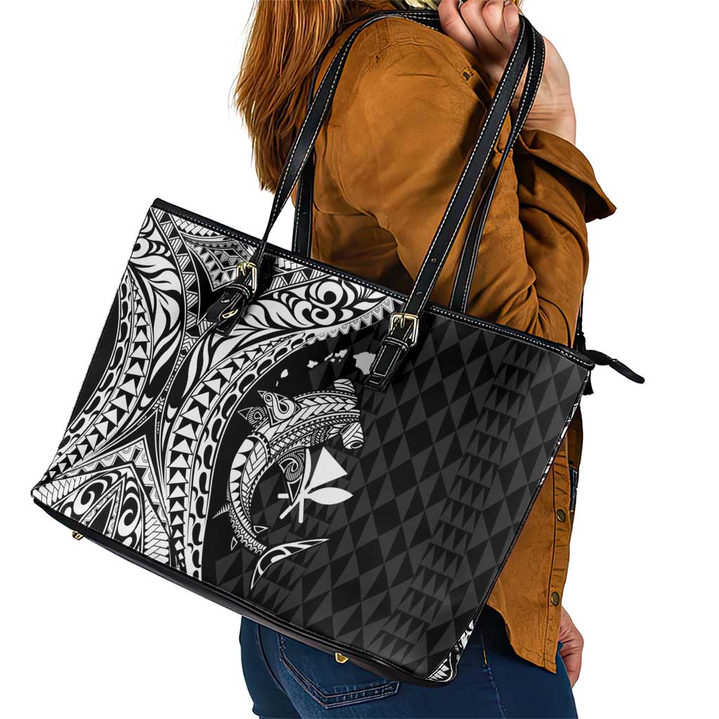 Aloha Hawaii Hammerhead Shark Leather Tote Bag Black Kakau and Polynesian Tattoo LT03 - Polynesian Pride