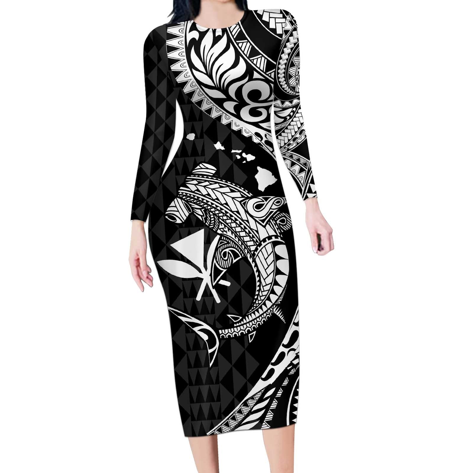 Aloha Hawaii Hammerhead Shark Long Sleeve Bodycon Dress Black Kakau and Polynesian Tattoo LT03
