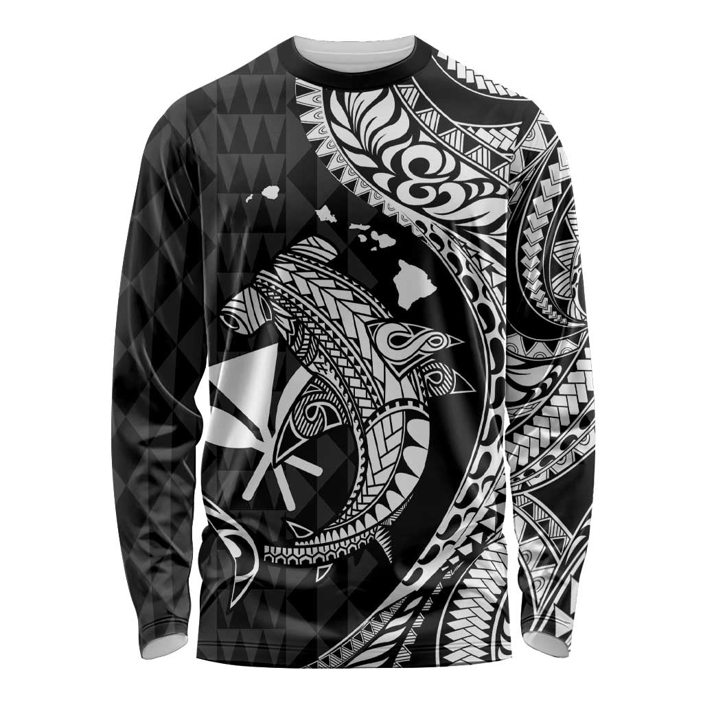 Aloha Hawaii Hammerhead Shark Long Sleeve Shirt Black Kakau and Polynesian Tattoo LT03