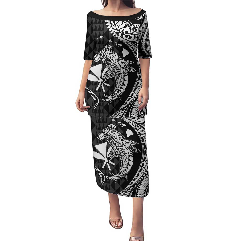 Aloha Hawaii Hammerhead Shark Puletasi Black Kakau and Polynesian Tattoo LT03 Long Dress Black - Polynesian Pride