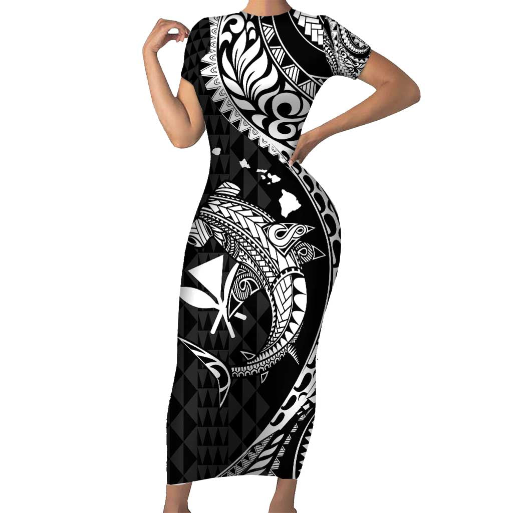 Aloha Hawaii Hammerhead Shark Short Sleeve Bodycon Dress Black Kakau and Polynesian Tattoo LT03