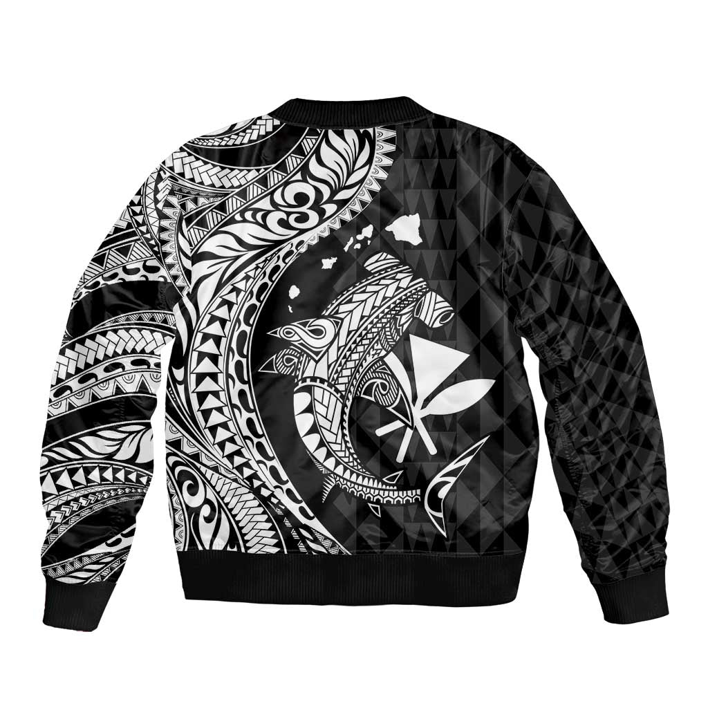 Aloha Hawaii Hammerhead Shark Sleeve Zip Bomber Jacket Black Kakau and Polynesian Tattoo LT03