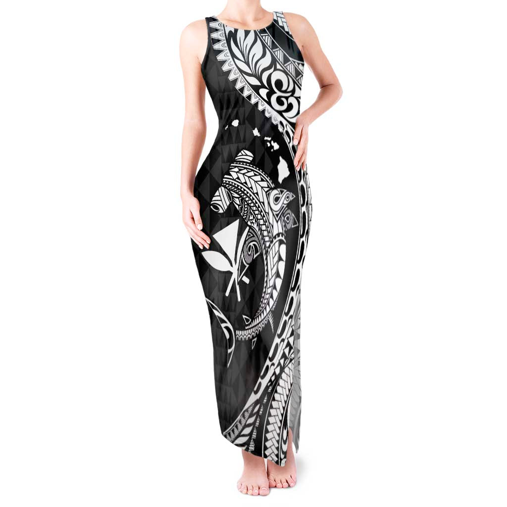 Aloha Hawaii Hammerhead Shark Tank Maxi Dress Black Kakau and Polynesian Tattoo LT03