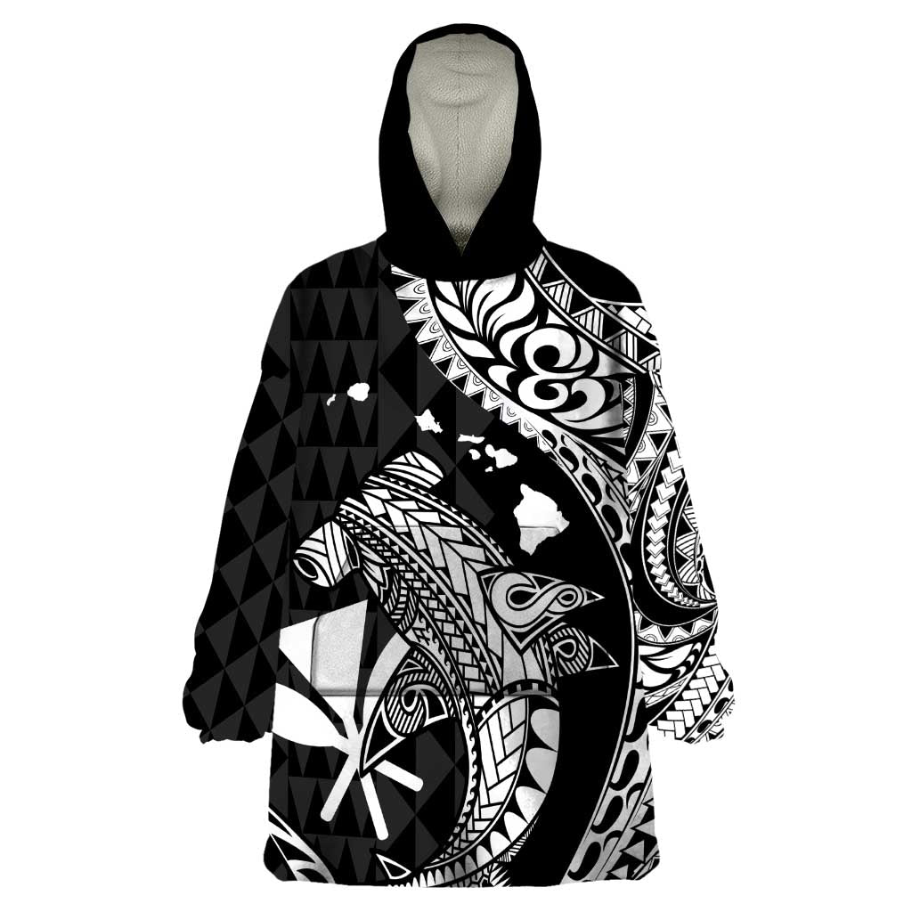 Aloha Hawaii Hammerhead Shark Wearable Blanket Hoodie Black Kakau and Polynesian Tattoo LT03 One Size Black - Polynesian Pride
