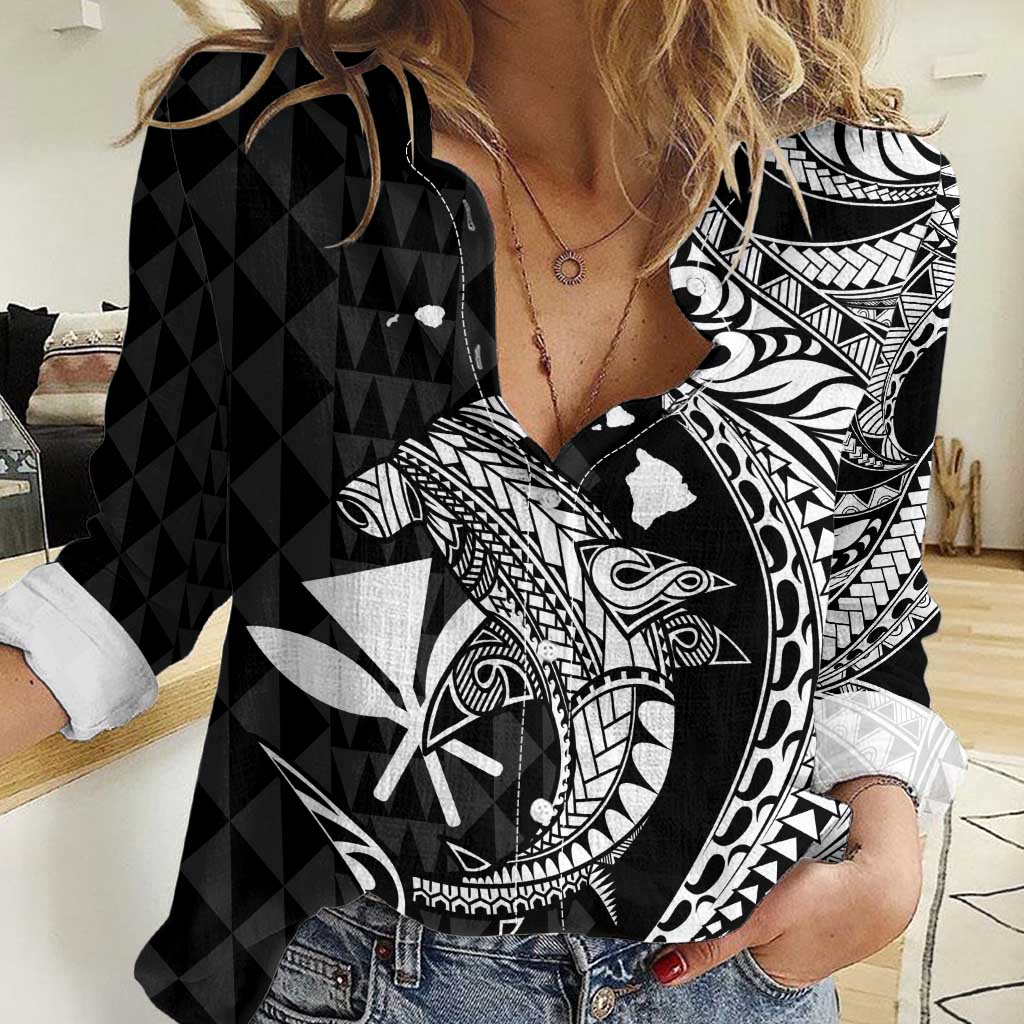 Aloha Hawaii Hammerhead Shark Women Casual Shirt Black Kakau and Polynesian Tattoo LT03