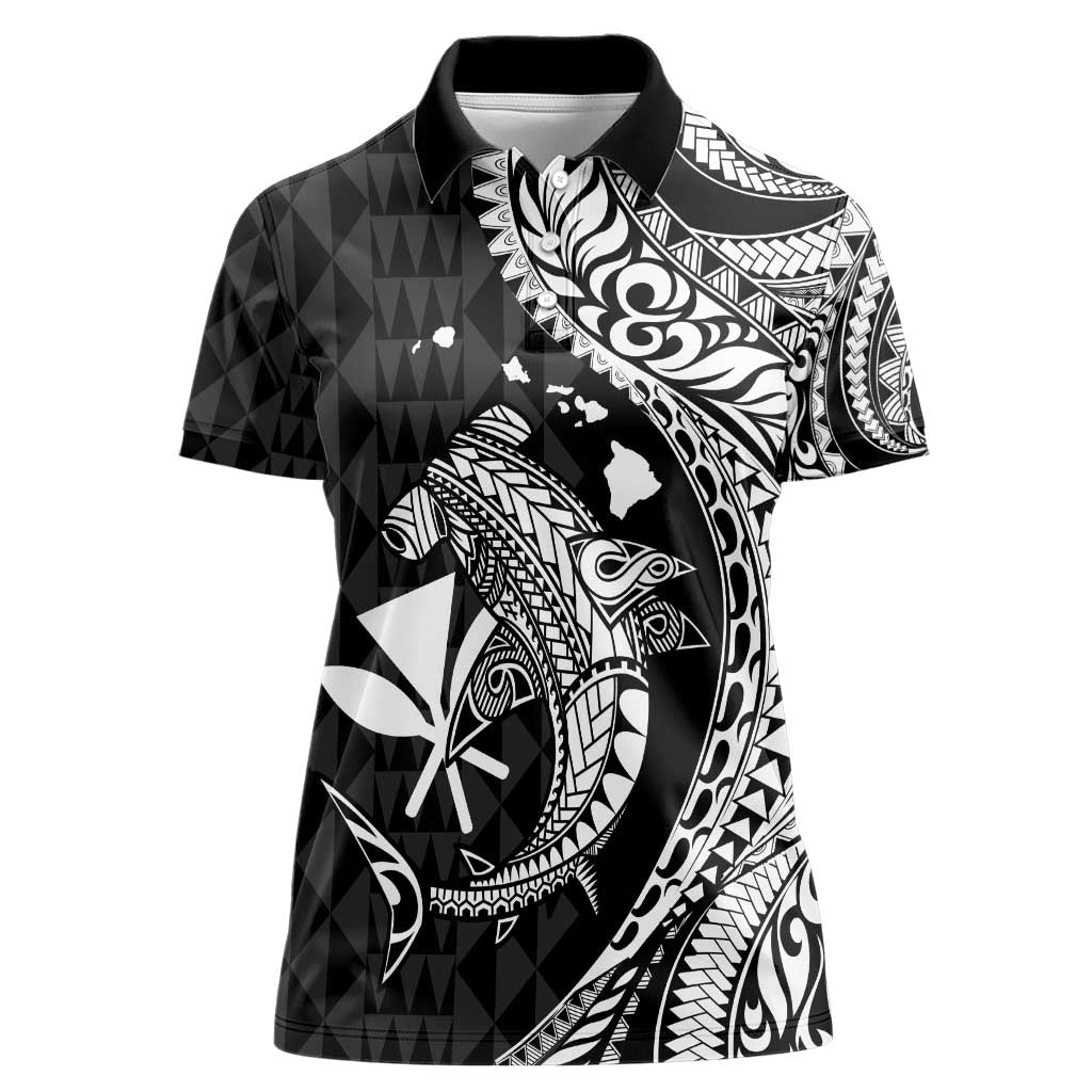 Aloha Hawaii Hammerhead Shark Women Polo Shirt Black Kakau and Polynesian Tattoo LT03