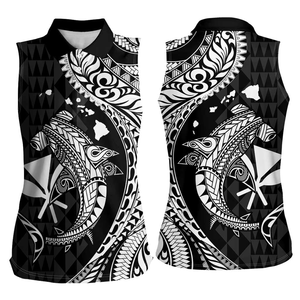 Aloha Hawaii Hammerhead Shark Women Sleeveless Polo Shirt Black Kakau and Polynesian Tattoo LT03
