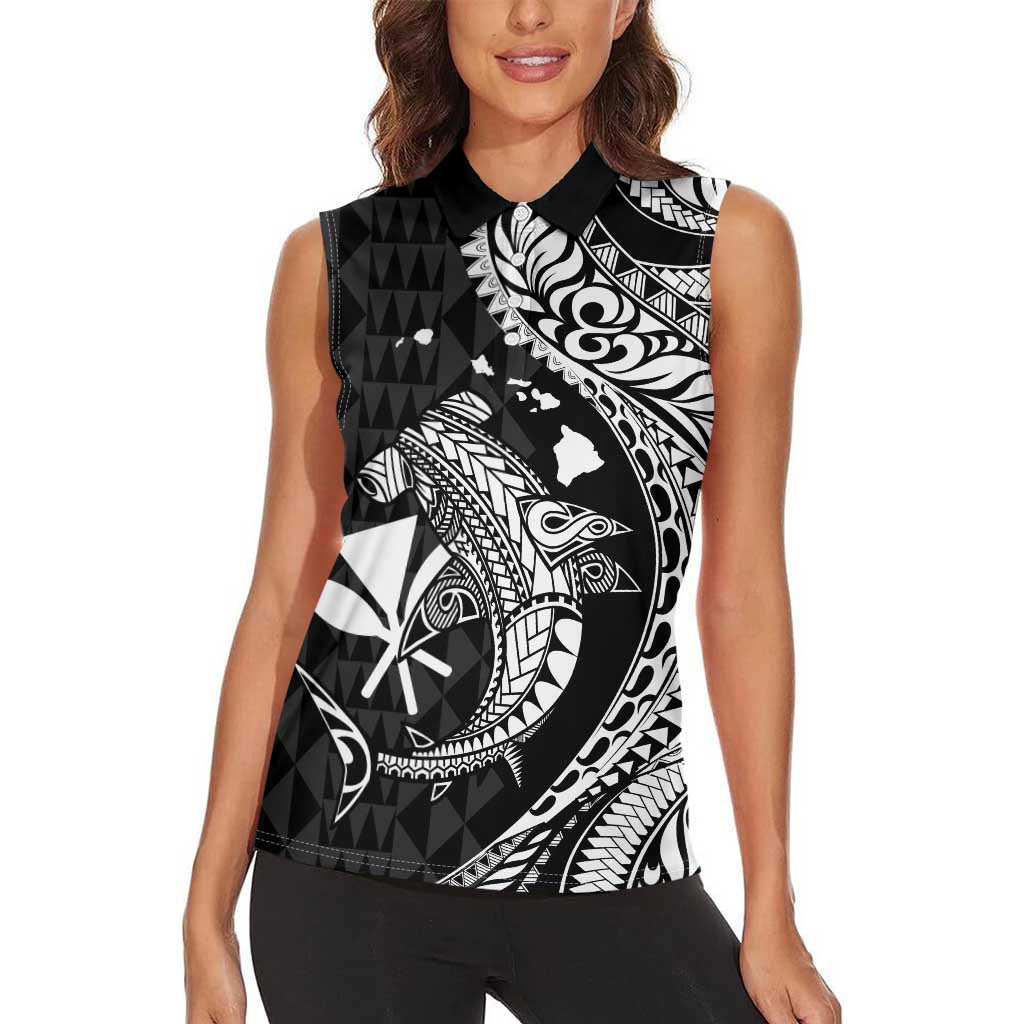 Aloha Hawaii Hammerhead Shark Women Sleeveless Polo Shirt Black Kakau and Polynesian Tattoo LT03