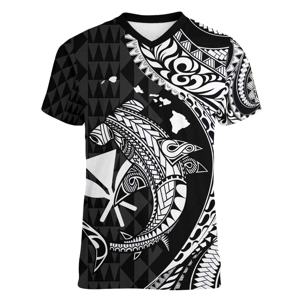 Aloha Hawaii Hammerhead Shark Women V-Neck T-Shirt Black Kakau and Polynesian Tattoo LT03