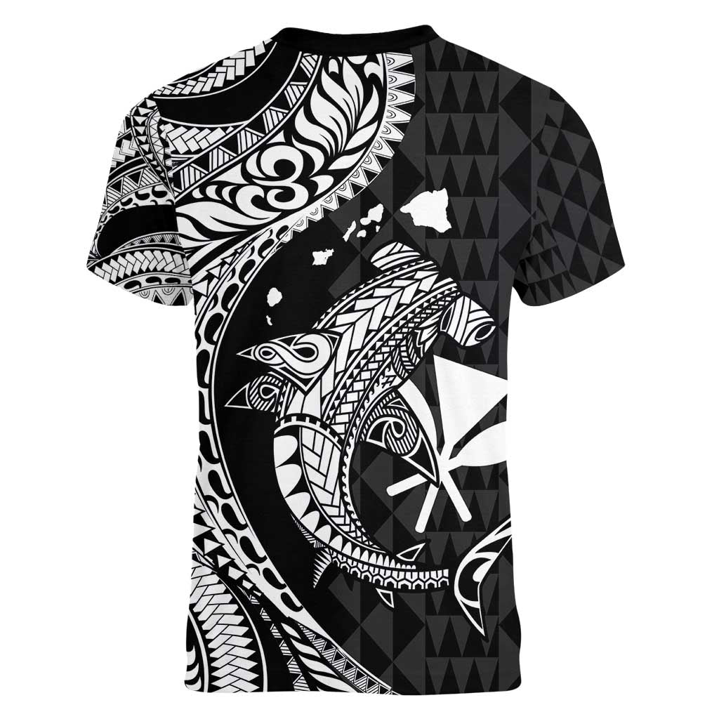 Aloha Hawaii Hammerhead Shark Women V-Neck T-Shirt Black Kakau and Polynesian Tattoo LT03