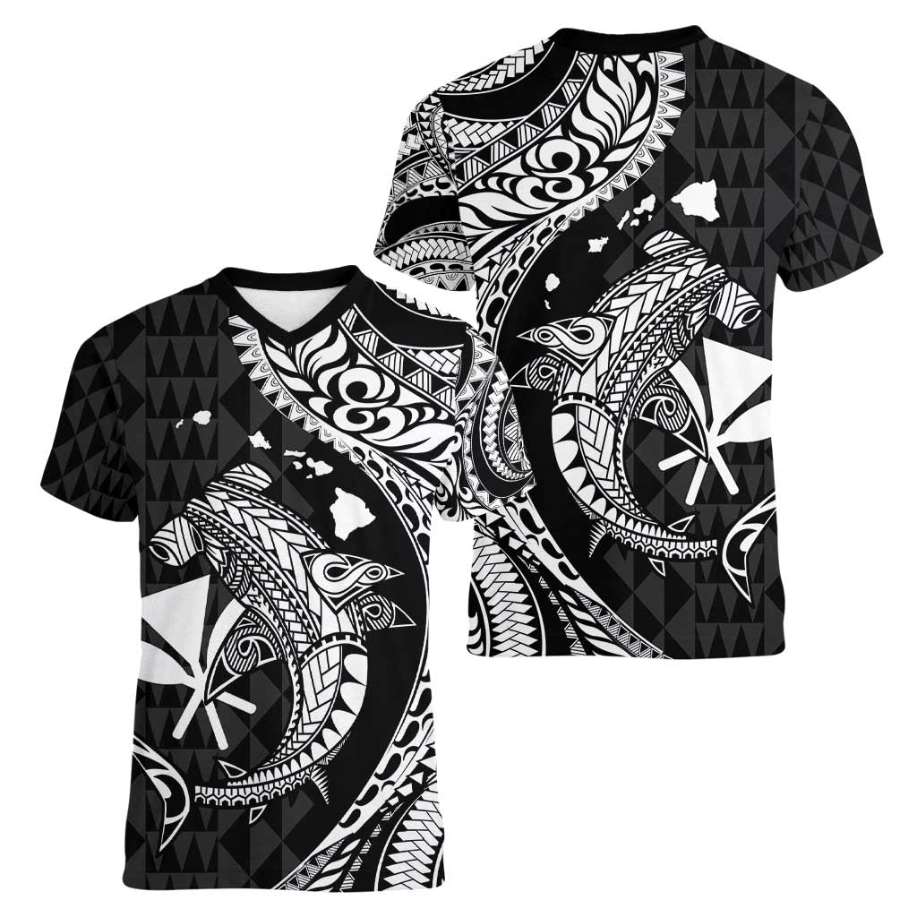 Aloha Hawaii Hammerhead Shark Women V-Neck T-Shirt Black Kakau and Polynesian Tattoo LT03