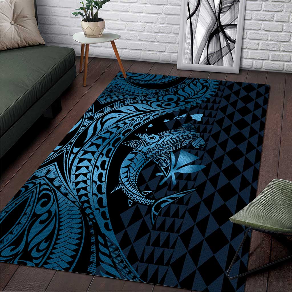 Aloha Hawaii Hammerhead Shark Area Rug Blue Kakau and Polynesian Tattoo LT03