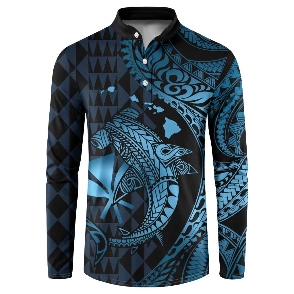 Aloha Hawaii Hammerhead Shark Button Sweatshirt Blue Kakau and Polynesian Tattoo LT03 Blue - Polynesian Pride