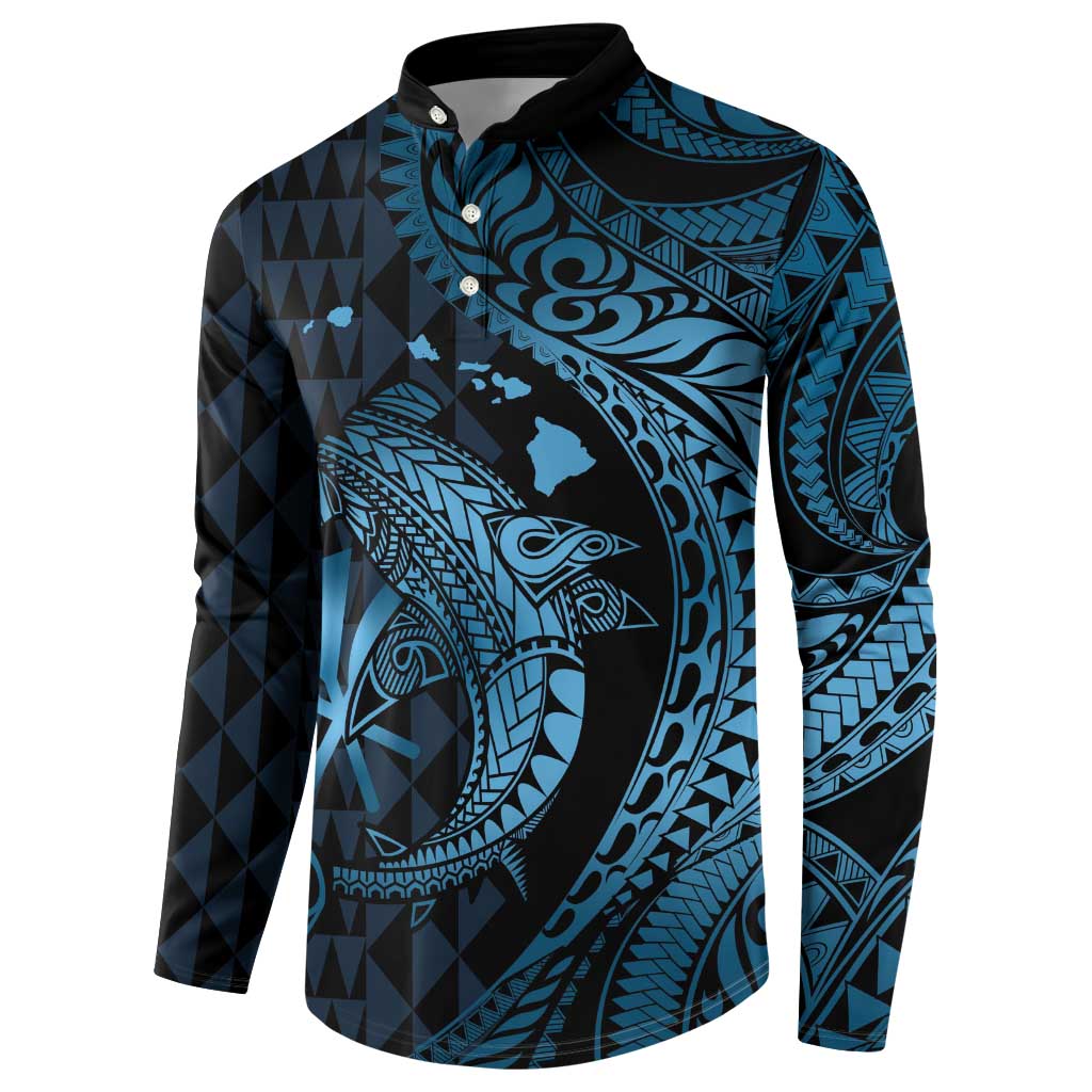 Aloha Hawaii Hammerhead Shark Button Sweatshirt Blue Kakau and Polynesian Tattoo LT03 - Polynesian Pride