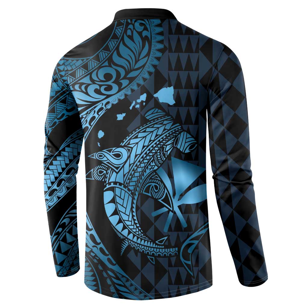 Aloha Hawaii Hammerhead Shark Button Sweatshirt Blue Kakau and Polynesian Tattoo LT03 - Polynesian Pride