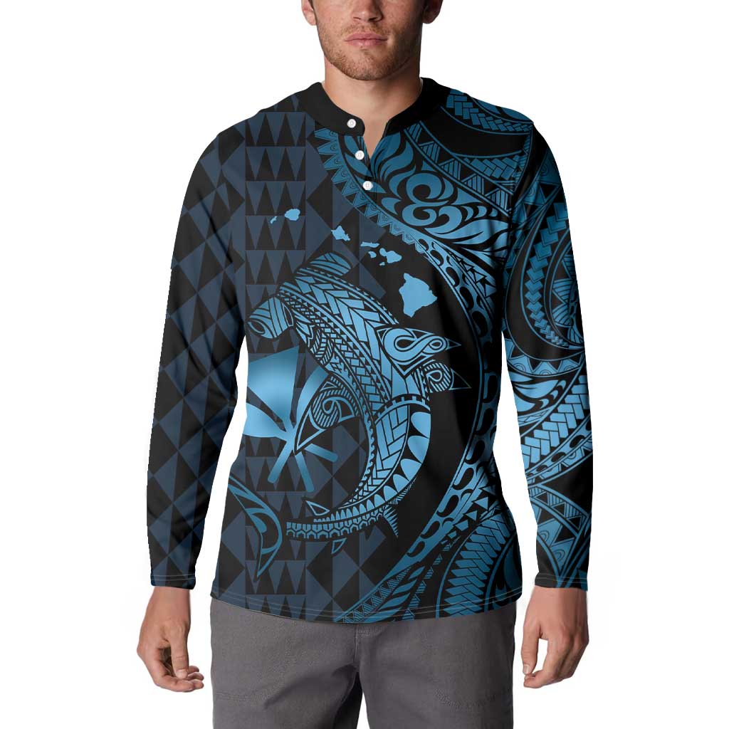 Aloha Hawaii Hammerhead Shark Button Sweatshirt Blue Kakau and Polynesian Tattoo LT03 - Polynesian Pride