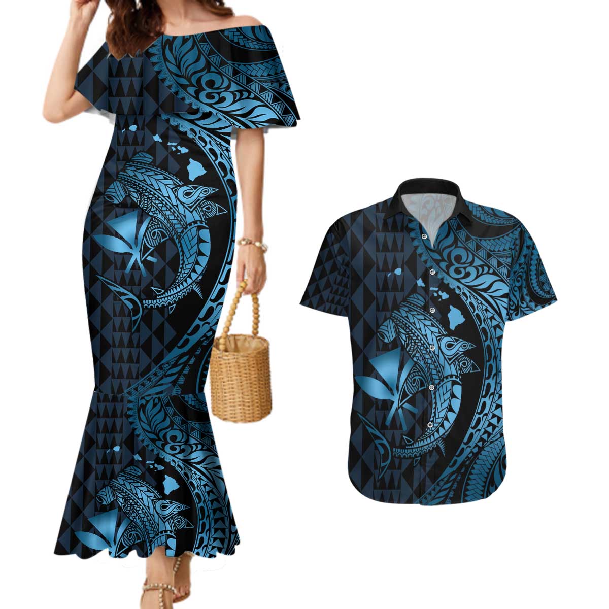 Aloha Hawaii Hammerhead Shark Couples Matching Mermaid Dress and Hawaiian Shirt Blue Kakau and Polynesian Tattoo LT03