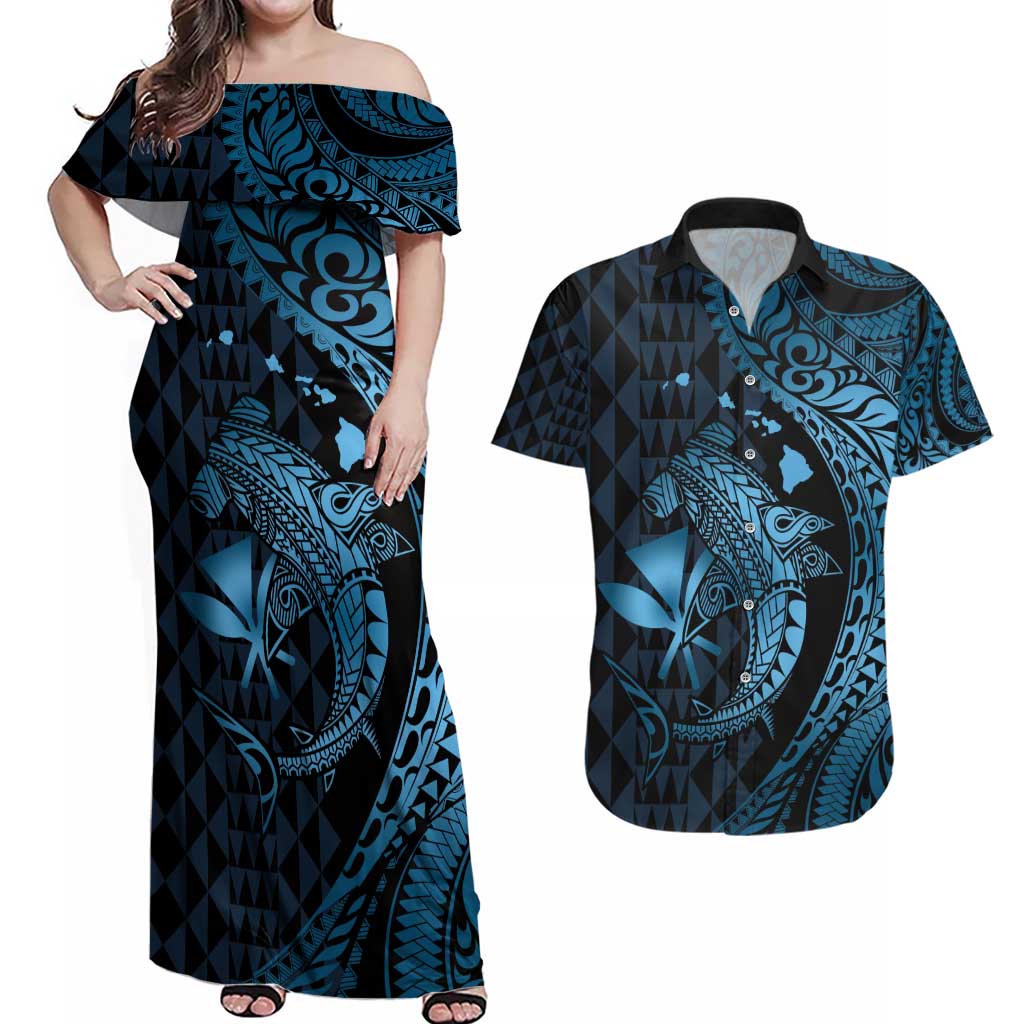 Aloha Hawaii Hammerhead Shark Couples Matching Off Shoulder Maxi Dress and Hawaiian Shirt Blue Kakau and Polynesian Tattoo LT03