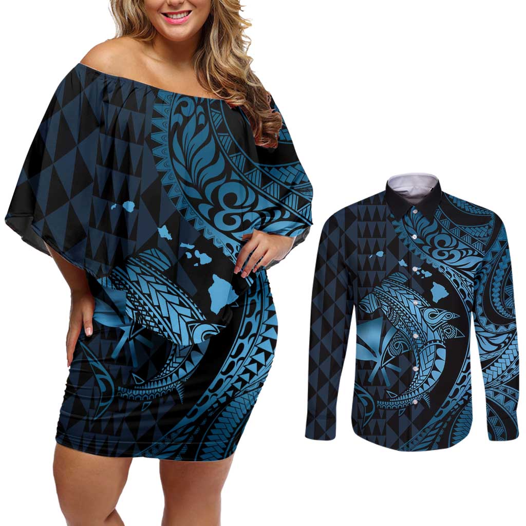 Aloha Hawaii Hammerhead Shark Couples Matching Off Shoulder Short Dress and Long Sleeve Button Shirt Blue Kakau and Polynesian Tattoo LT03 Blue - Polynesian Pride