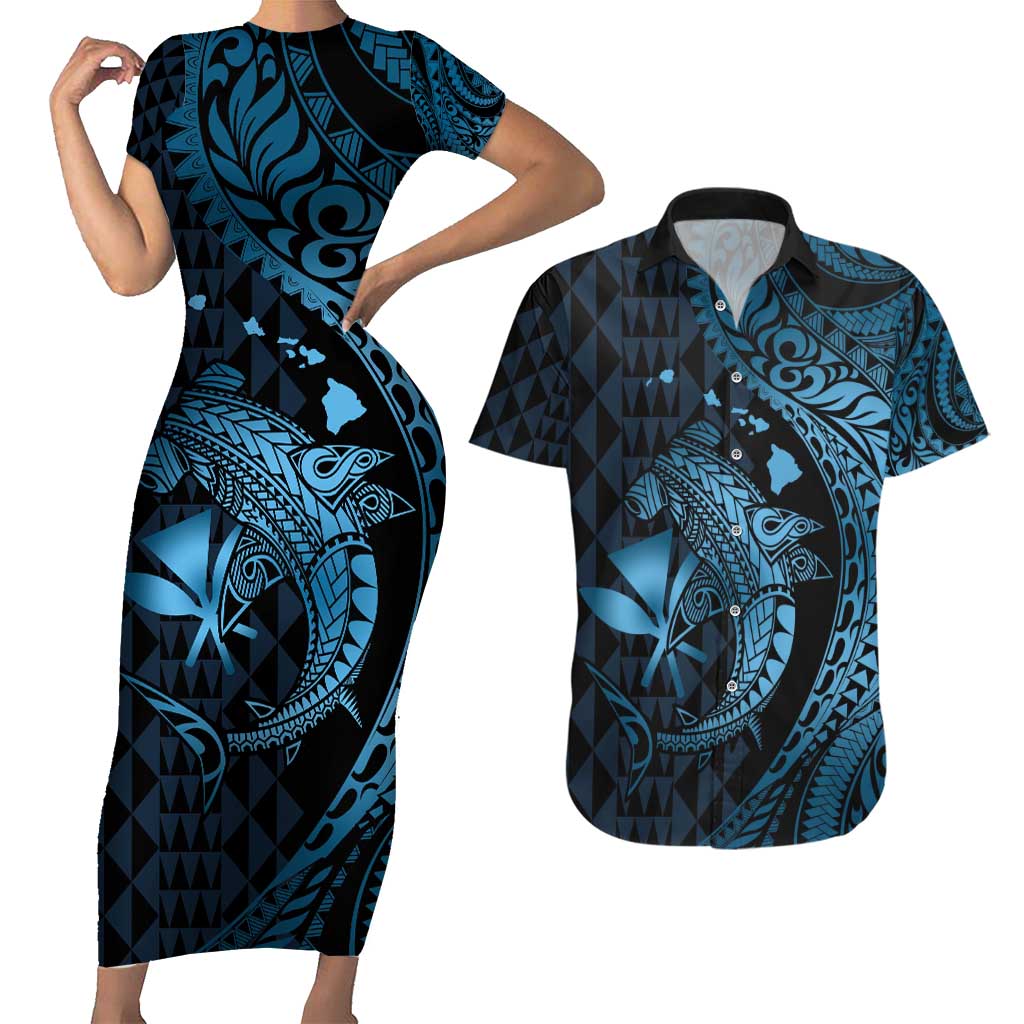 Aloha Hawaii Hammerhead Shark Couples Matching Short Sleeve Bodycon Dress and Hawaiian Shirt Blue Kakau and Polynesian Tattoo LT03