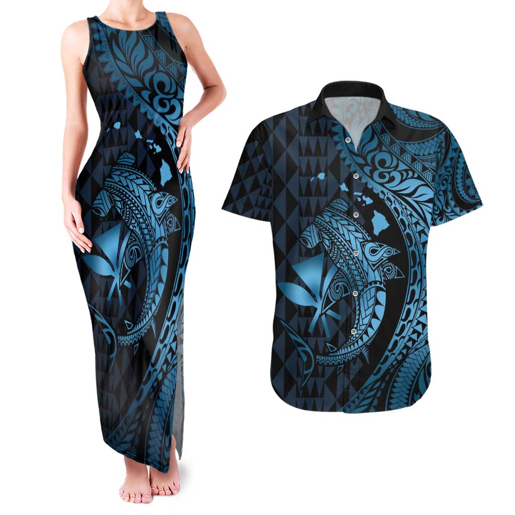 Aloha Hawaii Hammerhead Shark Couples Matching Tank Maxi Dress and Hawaiian Shirt Blue Kakau and Polynesian Tattoo LT03 Blue - Polynesian Pride