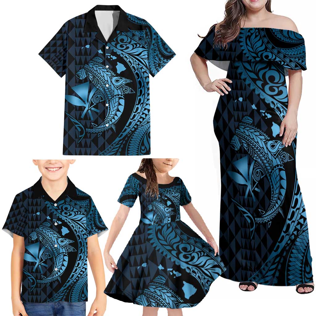 Aloha Hawaii Hammerhead Shark Family Matching Off Shoulder Maxi Dress and Hawaiian Shirt Blue Kakau and Polynesian Tattoo LT03