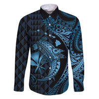 Aloha Hawaii Hammerhead Shark Family Matching Off Shoulder Maxi Dress and Hawaiian Shirt Blue Kakau and Polynesian Tattoo LT03 Dad's Shirt - Long Sleeve Blue - Polynesian Pride