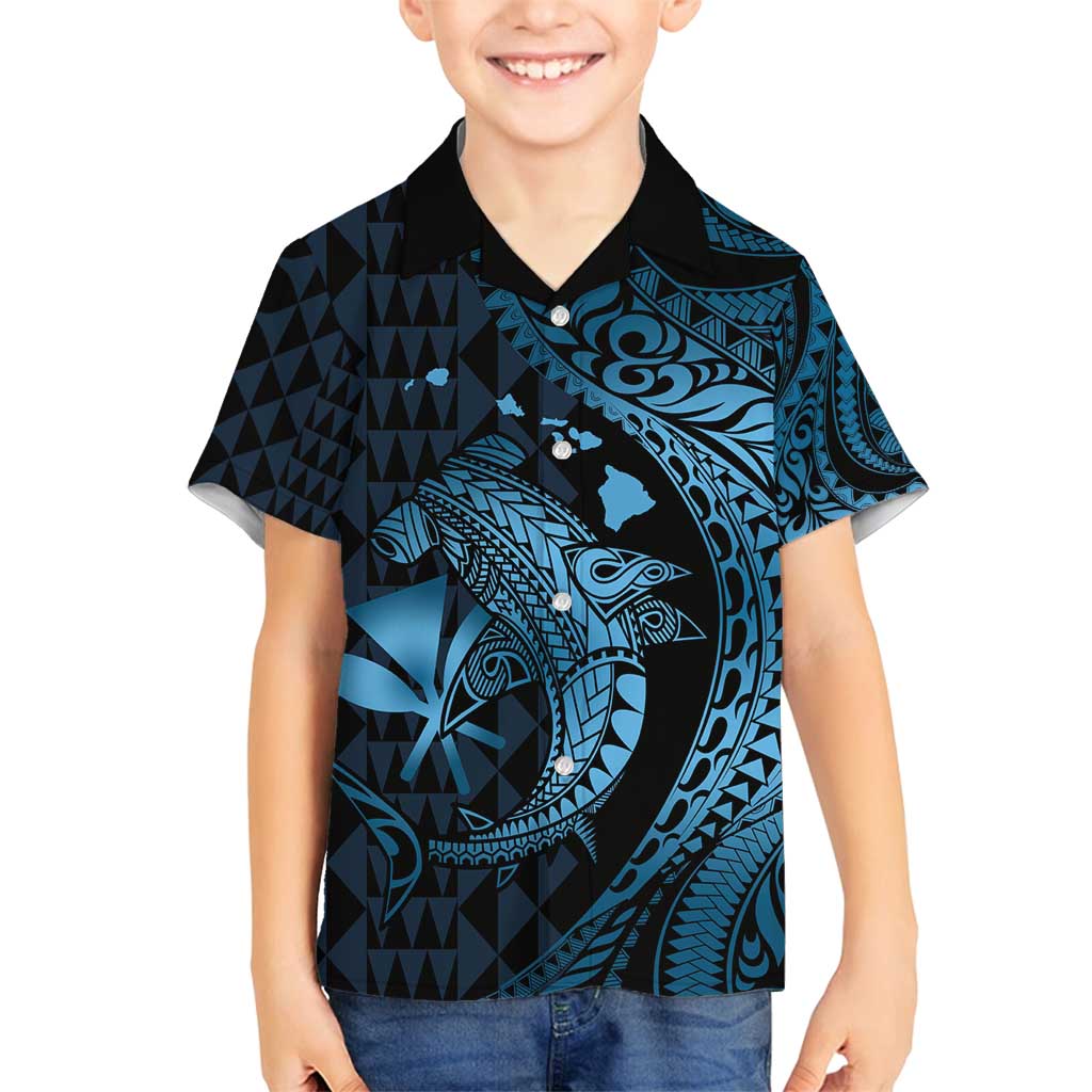 Aloha Hawaii Hammerhead Shark Family Matching Off Shoulder Maxi Dress and Hawaiian Shirt Blue Kakau and Polynesian Tattoo LT03 Son's Shirt Blue - Polynesian Pride