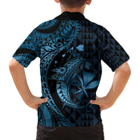Aloha Hawaii Hammerhead Shark Family Matching Off Shoulder Short Dress and Hawaiian Shirt Blue Kakau and Polynesian Tattoo LT03
