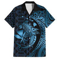 Aloha Hawaii Hammerhead Shark Family Matching Off Shoulder Short Dress and Hawaiian Shirt Blue Kakau and Polynesian Tattoo LT03