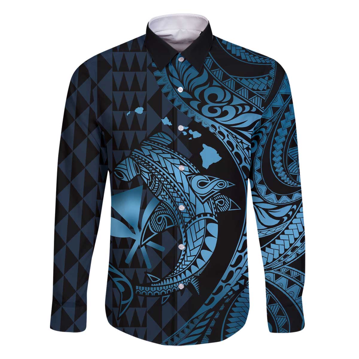 Aloha Hawaii Hammerhead Shark Family Matching Off Shoulder Short Dress and Hawaiian Shirt Blue Kakau and Polynesian Tattoo LT03