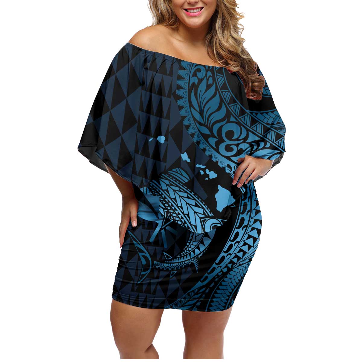 Aloha Hawaii Hammerhead Shark Family Matching Off Shoulder Short Dress and Hawaiian Shirt Blue Kakau and Polynesian Tattoo LT03